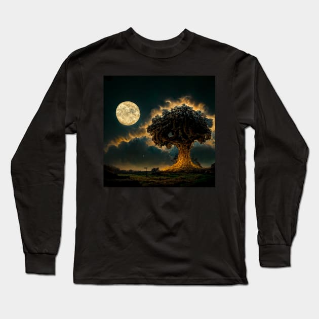 Large old oak tree at night surrounded by glowing magic mushrooms on the ground and a full moon in the sky with fractal clouds Long Sleeve T-Shirt by Riverside-Moon